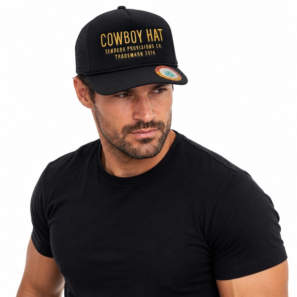 Sendero Provisions Co Cowboy Hat Trucker Hat Black Gold Mesh Snapback Cap NWT